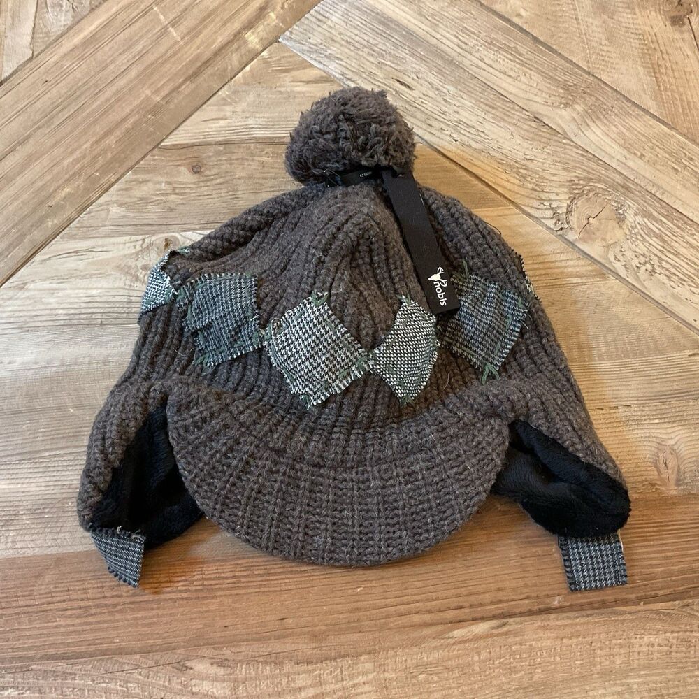 Nobis‎ Teabag the 4th Knit Aviator Hat Plaid Pom Lambswool Unisex One Size NEW